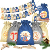 KESSER® Adventskalender om zelf te vullen 24 Jute Zakjes Bedrukte Stoffen Kerst Zakjes Incl. 24x Labels + 1 Grote Stoffen Opbergzak Advent Kalender - Blauw / Gekleurd - 16cm x 12cm